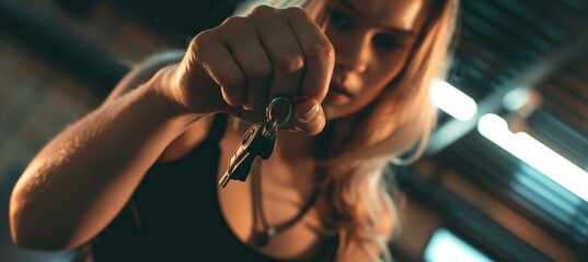 Woman Demonstrating Self-Defense Techniques Using Keychain in Well-Lit Studio Setting