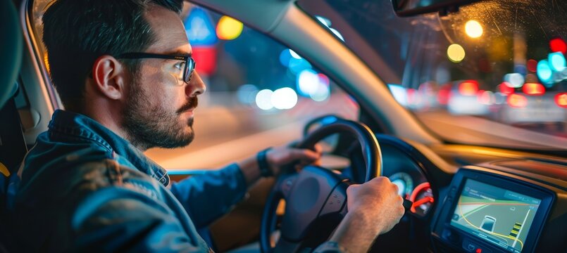 Focused Adult Taking Online Defensive Driving Course on Computer in Winter Setting