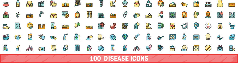 100 disease icons set. Color line set of disease vector icons thin line color flat on white