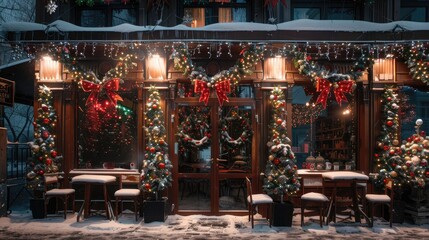 An outdoor cafe during the Christmas holidays.