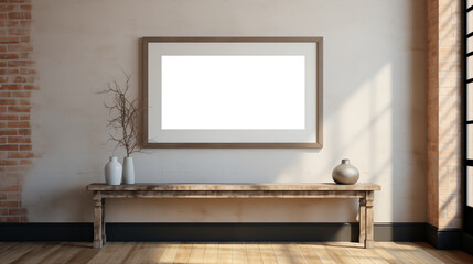 Fototapeta premium Hallway framed picture canvas mockup. A minimalist interior scene featuring a wooden bench against a wall with exposed brick. 