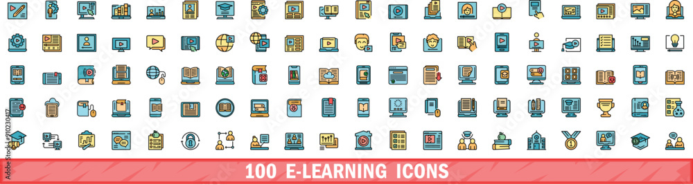 Poster 100 e-learning icons set. color line set of e-learning vector icons thin line color flat on white