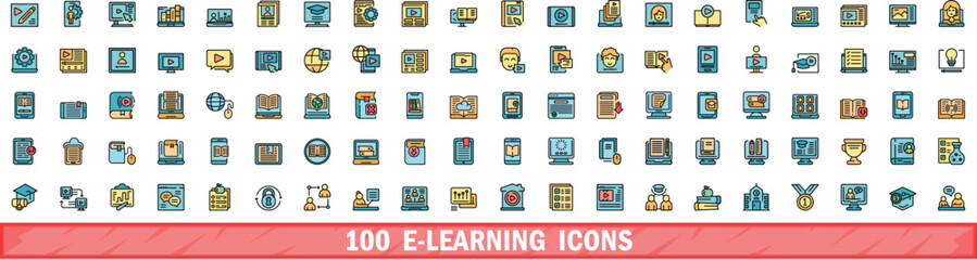 100 e-learning icons set. Color line set of e-learning vector icons thin line color flat on white