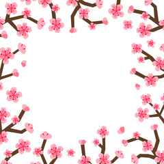 Square white background with paper craft stylized blooming sakura branches, flowers and empty space. Seasonal Japanese backdrop.