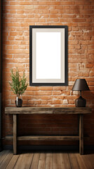 Hallway picture canvas mockup. A minimalist interior scene featuring a wooden table against a brick wall. A blank picture frame mockup hangs above the table.
