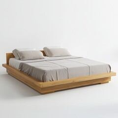 A modern wooden bed frame with a minimalist design and neutral bedding, perfect for contemporary bedroom aesthetics.