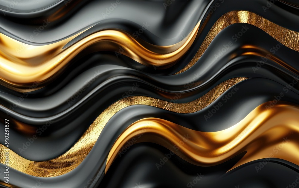 Poster abstract composition of interweaving black and gold textures creating a dynamic visual flow