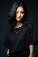Beautiful Asian woman on black background in black shirt. Medium length black hair, expressive face and lips.