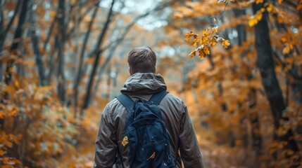 Fototapeta premium Man enjoying a leisurely walk through the woods.