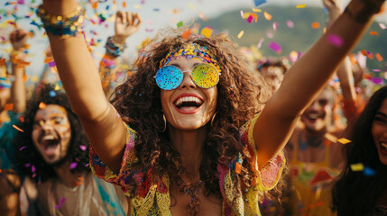 Obraz premium A woman is smiling and wearing sunglasses while surrounded by a group of people