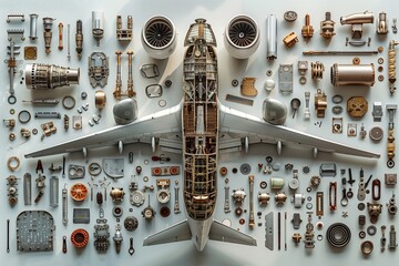 Disassembled airplane parts with full plane in the center of image. Layout image related to flights, technology, repair, support, diagnostic, travel.
