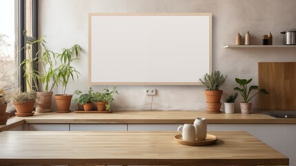 Kitchen framed picture canvas mockup. A modern kitchen with a wooden countertop, featuring various potted plants and a blank picture frame mockup on the wall.