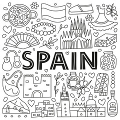 Spanish national landmarks and attractions in doodle style isolated on white background. Welcome poster. Spanish tourism concept.