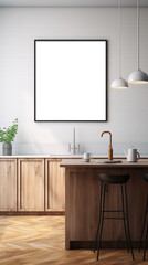 Framed picture canvas mockup in the kitchen. A modern kitchen featuring wooden cabinets, a large island with bar stools, and a blank picture frame mockup on the wall.