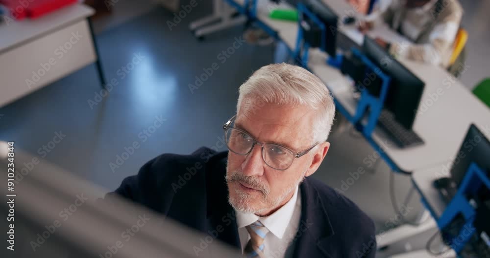 Poster Professor, man and writing on board for teaching, curriculum and learning in top view. Mature lecturer, information or education in college with students on computer for IT, software or coding lesson