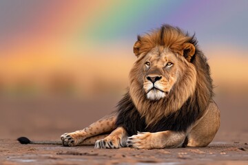 Obraz premium Lion resting under rainbow sky, tranquility and strength