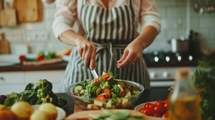 A woman preparing a colorful salad in the kitchen.