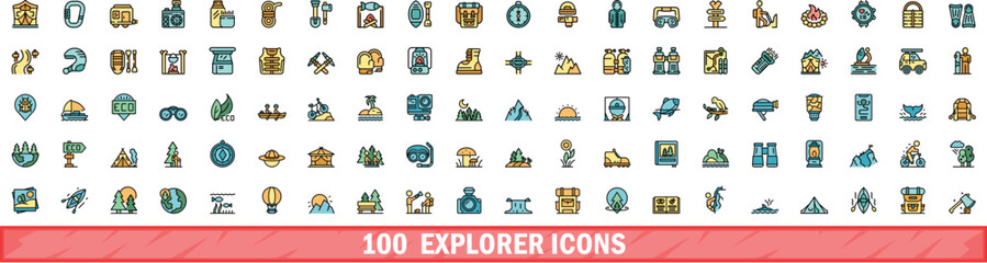100 explorer icons set. Color line set of explorer vector icons thin line color flat on white