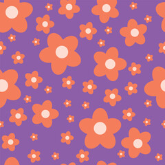 Groovy flower power seamless pattern. Retro, hippie vector floral print. Nostalgic 60s and 70s retro background. Geo tiny daisies, purple and orange