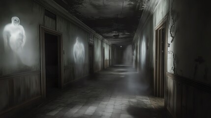 Abandoned, decrepit asylum with flickering lights, peeling walls, and ghostly apparitions floating in the dim corridors