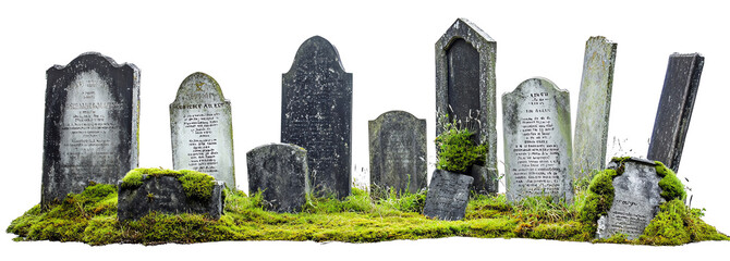 A group of ancient, mosscovered tombstones in various shapes and sizes, some leaning, with spooky inscriptions on a solid white background