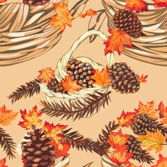 Fototapeta premium Rustic Harvest: Basket Filled with Pine Cones and Colorful Fall Leaves for Autumn Decor
