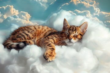 A cute cat sleeping on fluffy clouds, exuding tranquility and dreaminess in a beautiful sky setting.