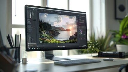 Naklejka premium Computer screen on desk with a design software open.