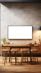 Kitchen TV screen mockup. A modern kitchen interior featuring a wooden dining table with four stools, a blank TV screen mockup mounted on the wall, and minimalistic decor. 
