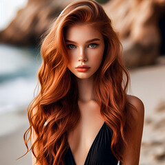 Naklejka premium Beautiful woman with long ginger wave hair and green eyes in a black shirt