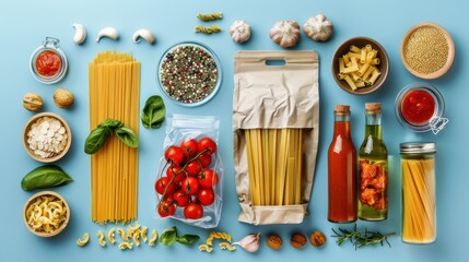 Groceries lay flat with pasta, sauces, and snacks.