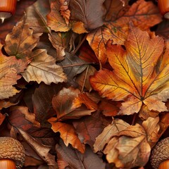 Fototapeta premium Close-up of Acorn Amidst Colorful Autumn Leaves - Nature's Fall Beauty