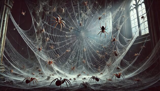 Spider web in the dark with many spiders