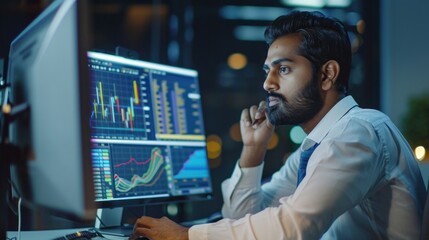 Fototapeta premium Portrait of a South Asian Financial Securities Trader Working on Desktop Computer in a Modern Office. Handsome Indian Accountant Bookkeeping Financial Affairs of a Business Venture