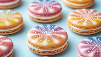 Fototapeta premium Colorful French macarons with intricate designs on a light blue background 