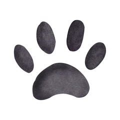 Dog footprint painted with black watercolor. Watercolor illustration. Footprint of pet, dog, cat isolated on white background. Suitable for printing postcards, invitations, for packaging.