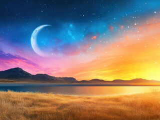 Serene sunset over tranquil waters with mystic moonrise in vibrant colors