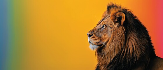 Lion silhouette against a vibrant rainbow, strength and beauty