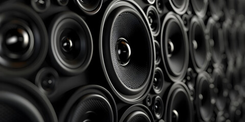 A close-up view of multiple black speakers showcasing intricate designs, perfect for music and audio-related themes.