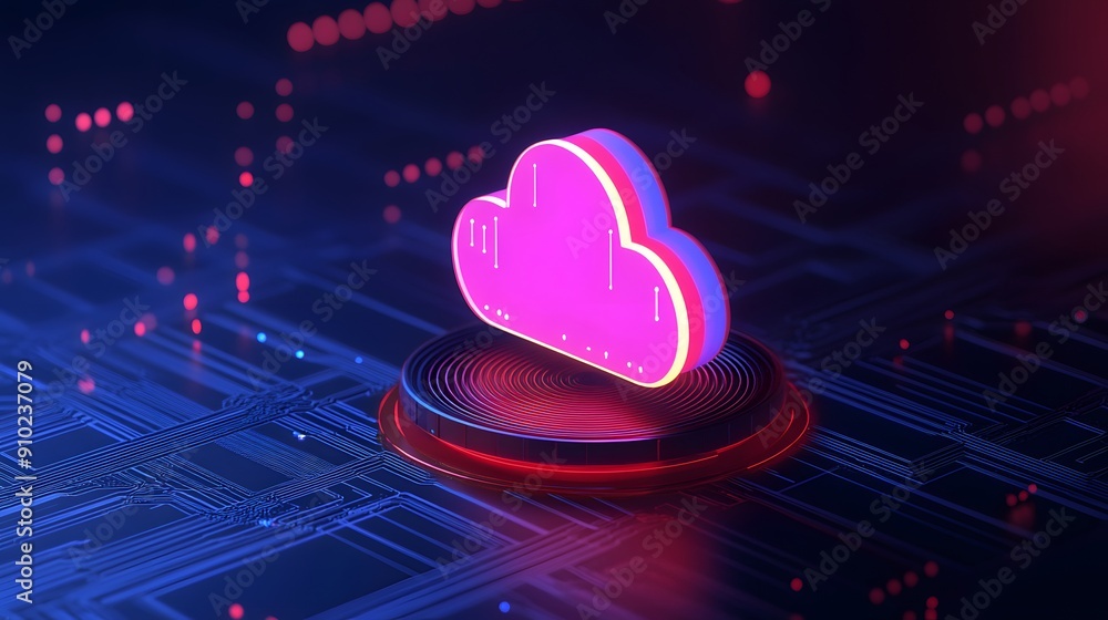 Poster 3d cloud icon illuminated in pink on a futuristic digital background, representing cloud computing a