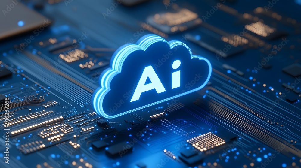 Poster 3d cloud icon with 'ai' text representing artificial intelligence on a blue circuit board background