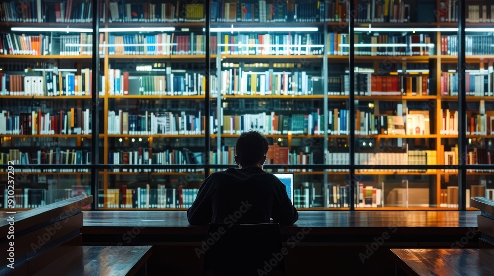 Poster man studying on a laptop screen in a library.