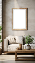 Living room framed picture canvas mockup. A cozy living room featuring a light-colored sofa with cushions, a wooden coffee table, and a potted plant. 