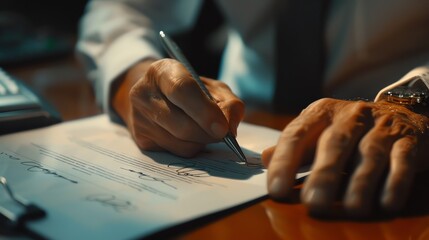 A close-up of a hand signing a document with a pen on a wooden desk, symbolizing business agreements and legal processes.