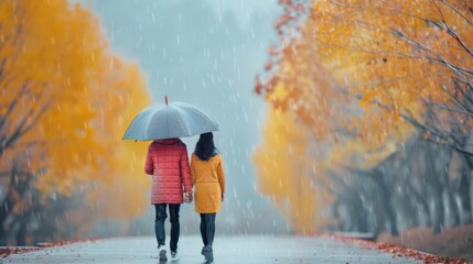 Obraz premium Couple enjoying a rainy day walk, under an umbrella, candid moment, muted tones, cozy atmosphere