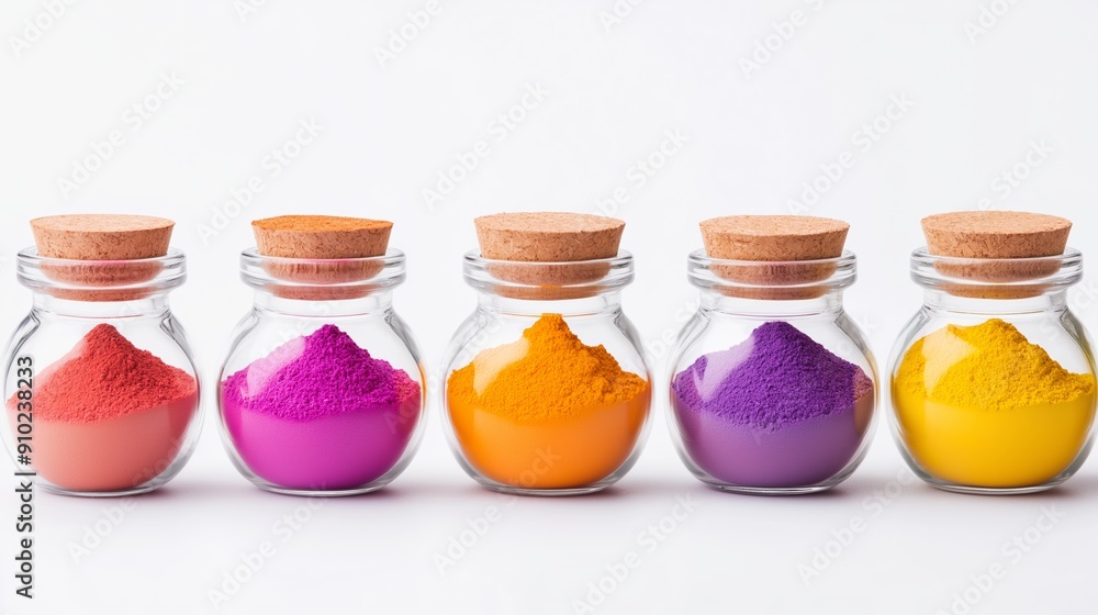 Poster a row of jars filled with different colored powders. the jars are lined up in a row, with the first 