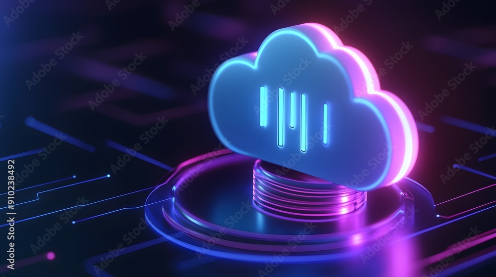 Poster 3d illustration of a neon glowing cloud symbol representing digital cloud computing technology on a 