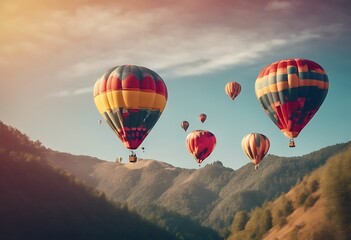 Naklejka premium hot Colorful air mountain flying balloons Travel Balloon Background Tourism Adventure Fly Freedom Vacation Blue Journey Color Sky Nature View Leisure Fun Hotair Ride Outdoor Scenic S