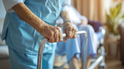 nurse's hand gently holding the handle of a walking frame, assisting an elderly patient in moving their leg during a rehabilitation session at home