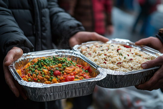 Photograph of a Volunteer Distributing Food to Refugees: Focusing on humanitarian aid.